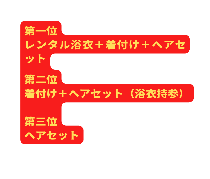 第一位 レンタル浴衣 着付け ヘアセット 第二位 着付け ヘアセット 浴衣持参 第三位 ヘアセット